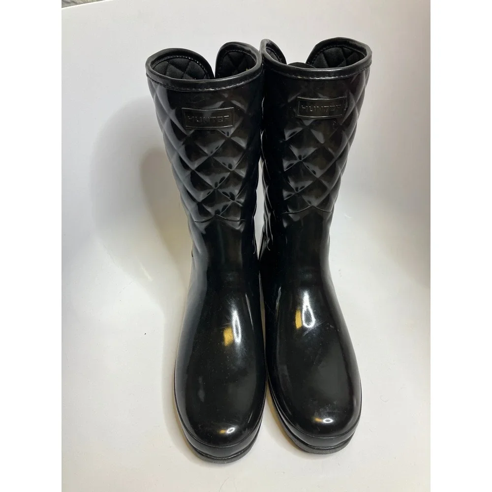 Hunter refined high gloss quilted mid calf rain‎ boots black women's size 11